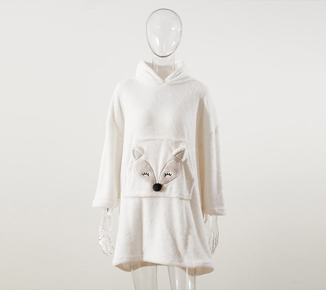 Oversized White Arctic Fleece Hoodie with Cute 3D Fox Applique Pocket