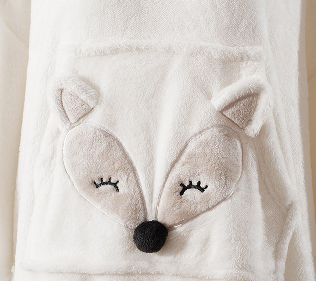 Oversized White Arctic Fleece Hoodie with Cute 3D Fox Applique Pocket