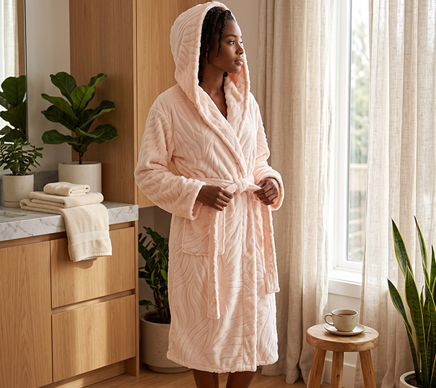 High-Density Weft-Knitted Flannel Jacquard Robe with Double-Layered Hood