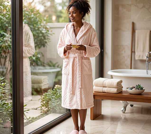 High-Density Weft-Knitted Flannel Jacquard Robe with Double-Layered Hood