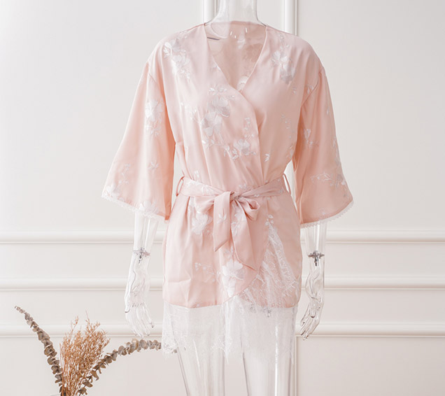 All-Over Embroidered Duchess Satin Robe with Lace Trim – Luxury Nightwear Sourcing