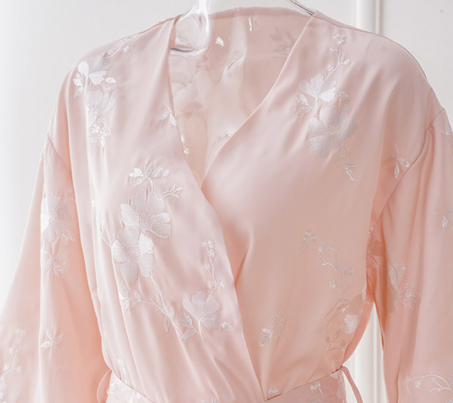 All-Over Embroidered Duchess Satin Robe with Lace Trim – Luxury Nightwear Sourcing