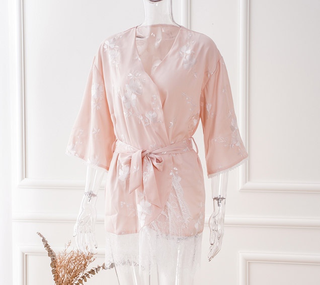 All-Over Embroidered Duchess Satin Robe with Lace Trim – Luxury Nightwear Sourcing