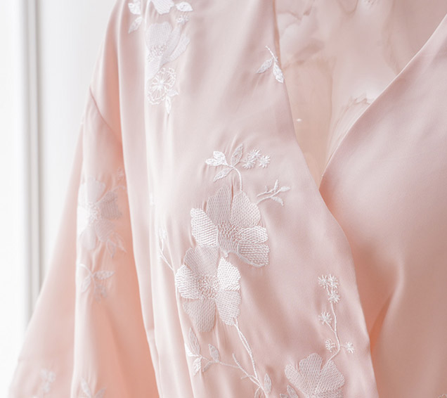 All-Over Embroidered Duchess Satin Robe with Lace Trim – Luxury Nightwear Sourcing