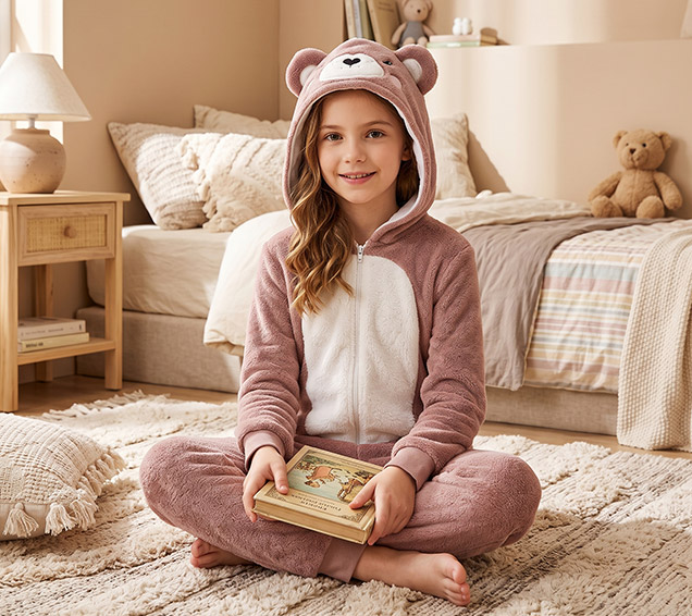 Flannel Kids Romper with Contrast Front Zip Panel and 3D Bear Hood – Premium B2B Wholesale