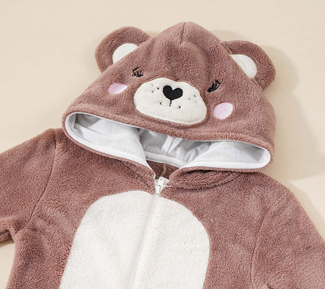 Flannel Kids Romper with Contrast Front Zip Panel and 3D Bear Hood – Premium B2B Wholesale