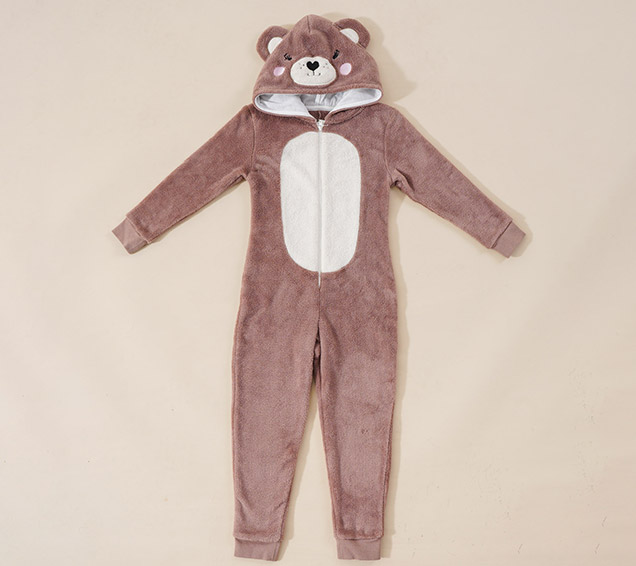 Flannel Kids Romper with Contrast Front Zip Panel and 3D Bear Hood – Premium B2B Wholesale