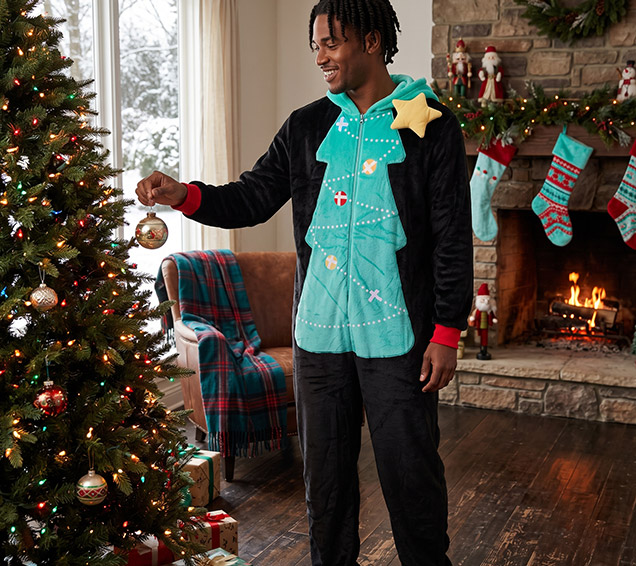 Flannel Adult Christmas Onesie with Playful Holiday Appliques – Private Label Available