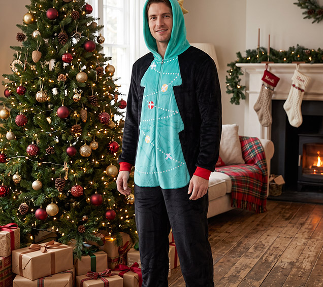 Flannel Adult Christmas Onesie with Playful Holiday Appliques – Private Label Available