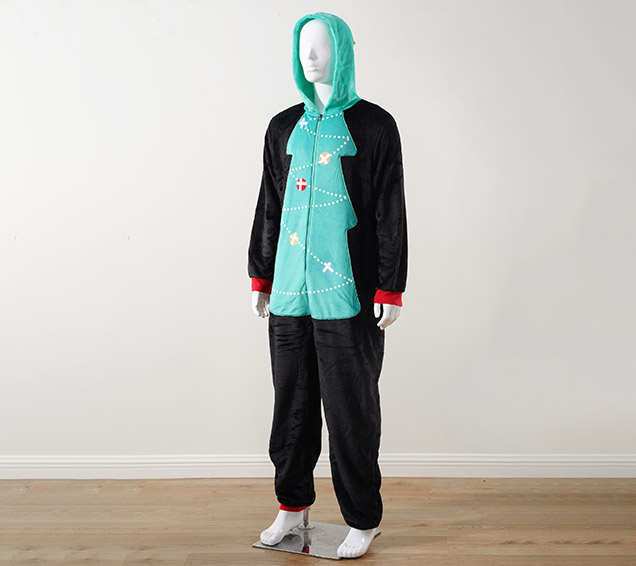 Flannel Adult Christmas Onesie with Playful Holiday Appliques – Private Label Available