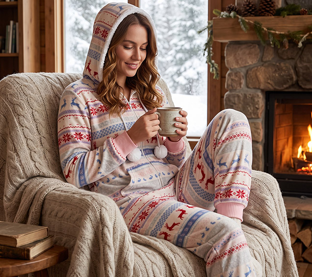 Festive Christmas Printed Minky Velour Adult Onesie with Sherpa-Lined Hood – B2B Supplier