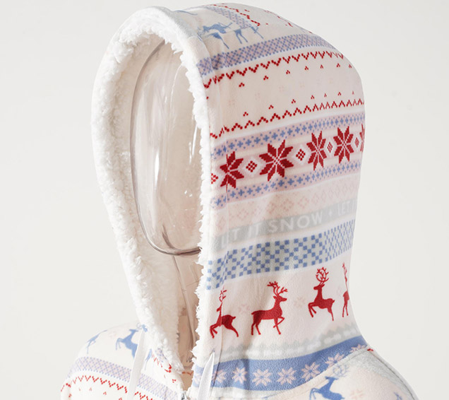 Festive Christmas Printed Minky Velour Adult Onesie with Sherpa-Lined Hood – B2B Supplier