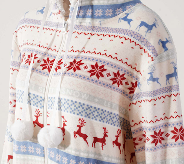 Festive Christmas Printed Minky Velour Adult Onesie with Sherpa-Lined Hood – B2B Supplier