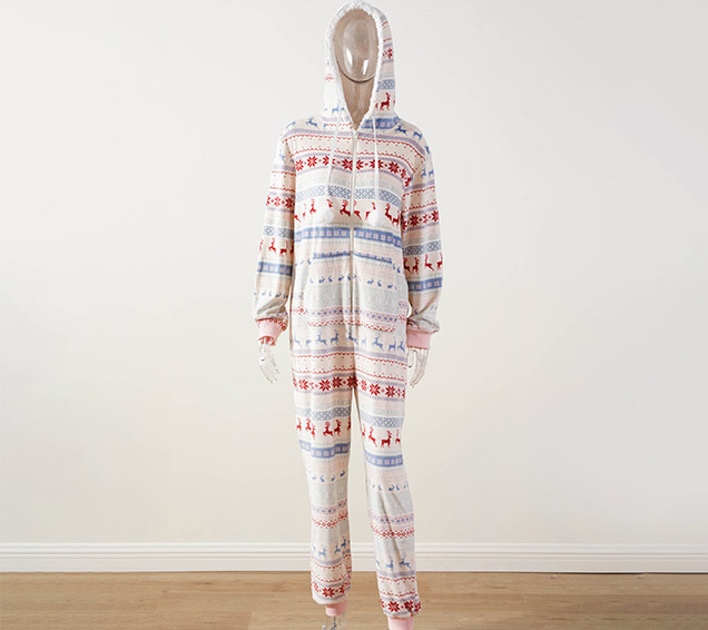 Festive Christmas Printed Minky Velour Adult Onesie with Sherpa-Lined Hood – B2B Supplier