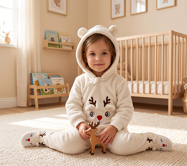 Cute Matte Flannel Footed Baby Romper with 3D Fawn Embroidery – Bulk Wholesale