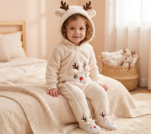 Cute Matte Flannel Footed Baby Romper with 3D Fawn Embroidery – Bulk Wholesale