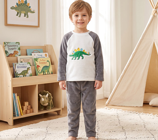 Kids Flannel Raglan Pyjamas Set with Dinosaur Applique Embroidery – Customizable Design