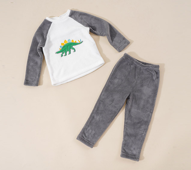 Kids Flannel Raglan Pyjamas Set with Dinosaur Applique Embroidery – Customizable Design