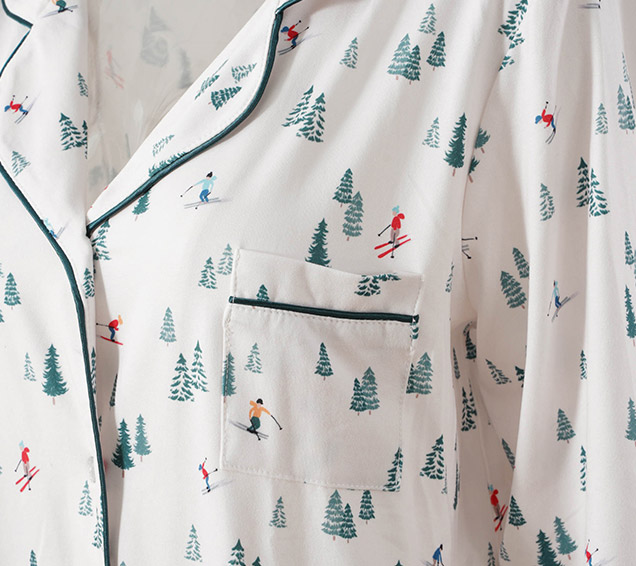 Digital-Printed Pointelle Knit Pyjamas Set with Color-Matched Piping & Herringbone Drawcord