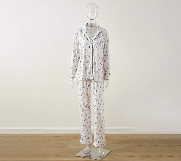 Digital-Printed Pointelle Knit Pyjamas Set with Color-Matched Piping & Herringbone Drawcord