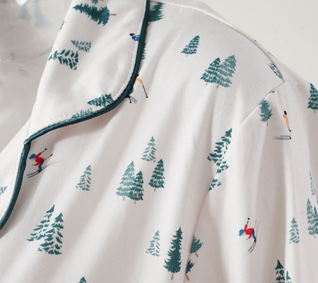 Digital-Printed Pointelle Knit Pyjamas Set with Color-Matched Piping & Herringbone Drawcord