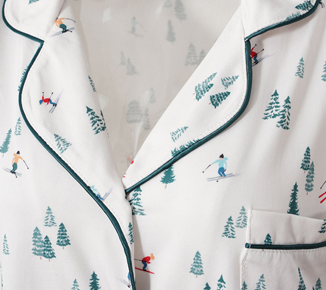 Digital-Printed Pointelle Knit Pyjamas Set with Color-Matched Piping & Herringbone Drawcord