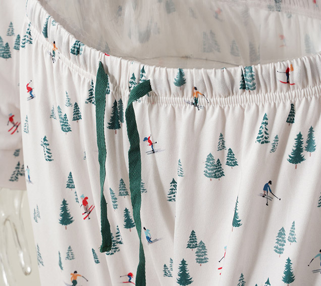 Digital-Printed Pointelle Knit Pyjamas Set with Color-Matched Piping & Herringbone Drawcord