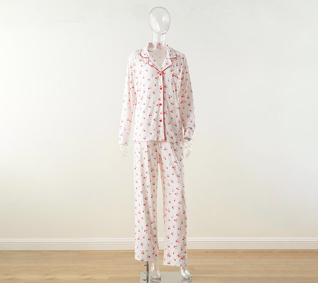 Digital-Printed Festive Pointelle Rib Knit Pyjamas Set with Piping – Premium B2B Wholesale