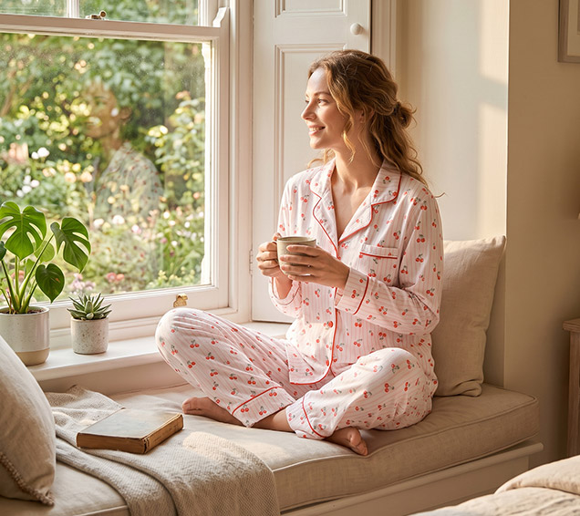 Digital-Printed Festive Pointelle Rib Knit Pyjamas Set with Piping – Premium B2B Wholesale