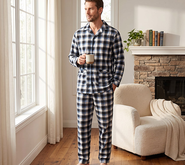 Classic Plaid Brushed Knit Pyjamas Set with Piping – Premium B2B Wholesale