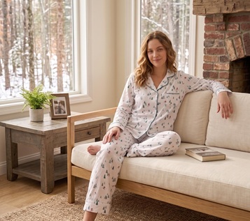 Digital-Printed Pointelle Knit Pyjamas Set with Color-Matched Piping & Herringbone Drawcord