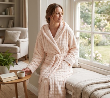 Solid Bubble-Textured Flannel Robe with White Faux Rabbit Fur Trim – OEM Factory Direct