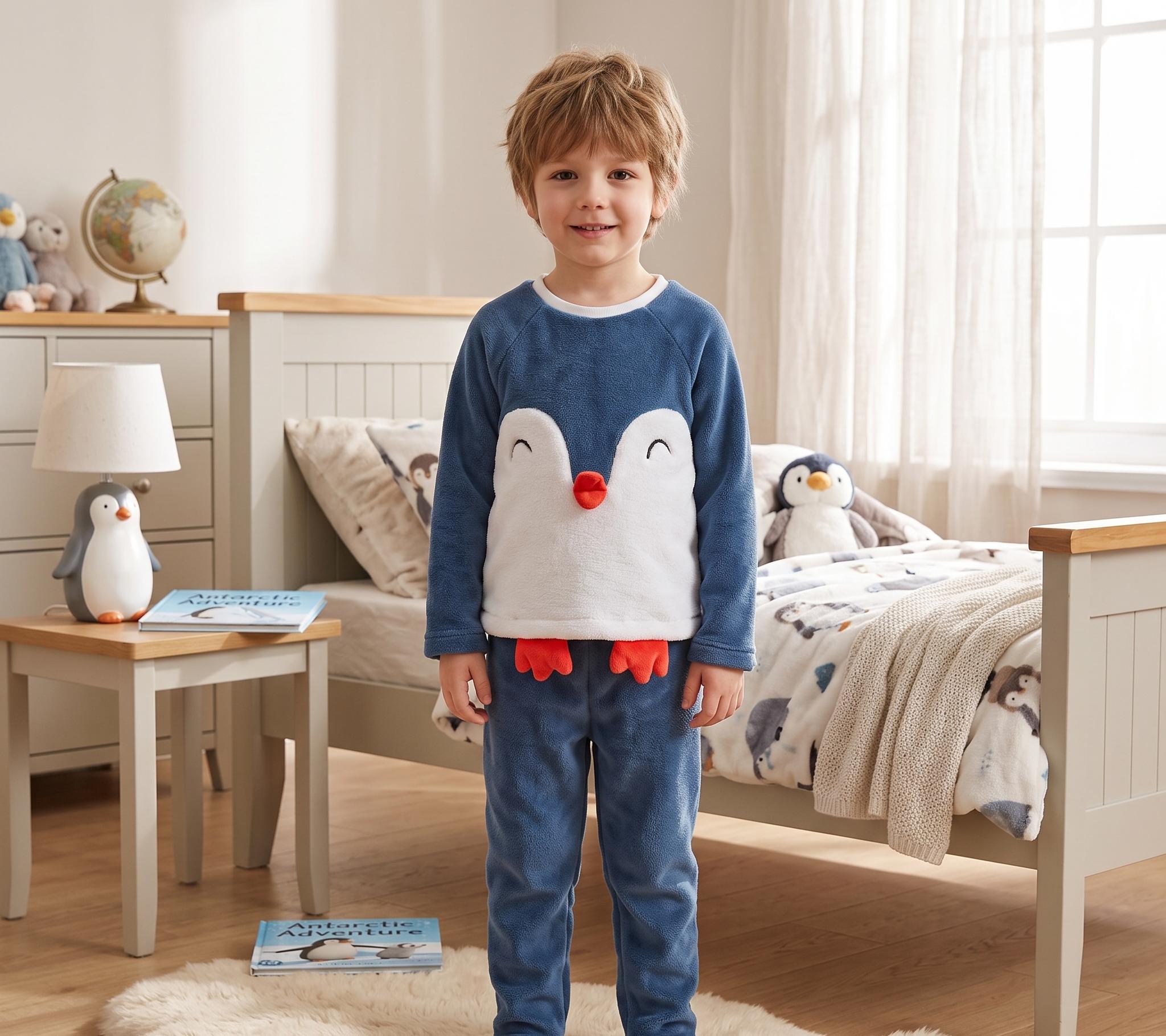 Solid Flannel Kids Pyjamas Set with Cute 3D Penguin Applique Panel – Wholesale Bulk Order